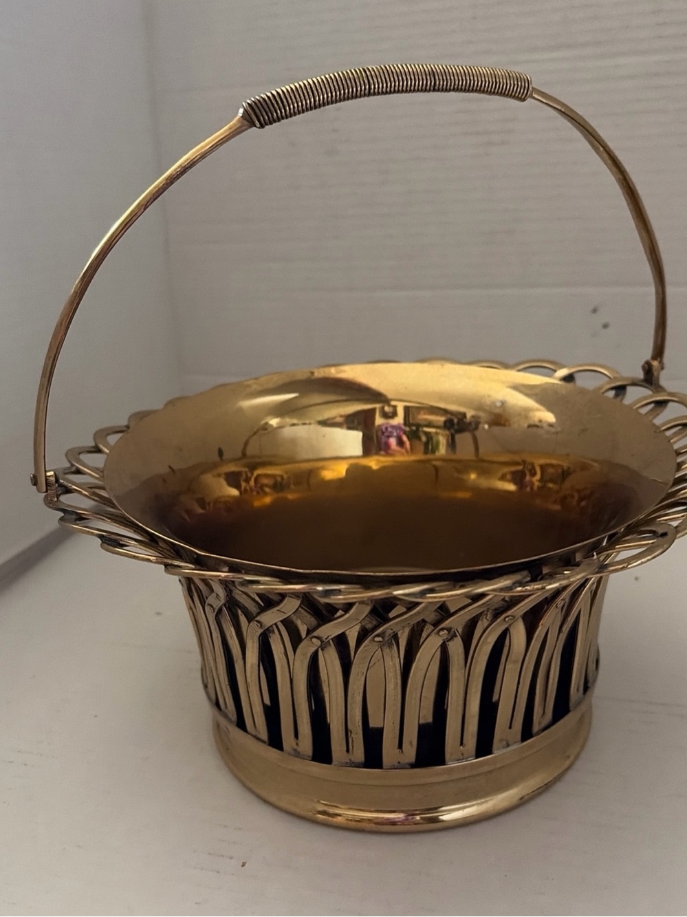 Brass Decorative Basket with Handle - Gold Tone